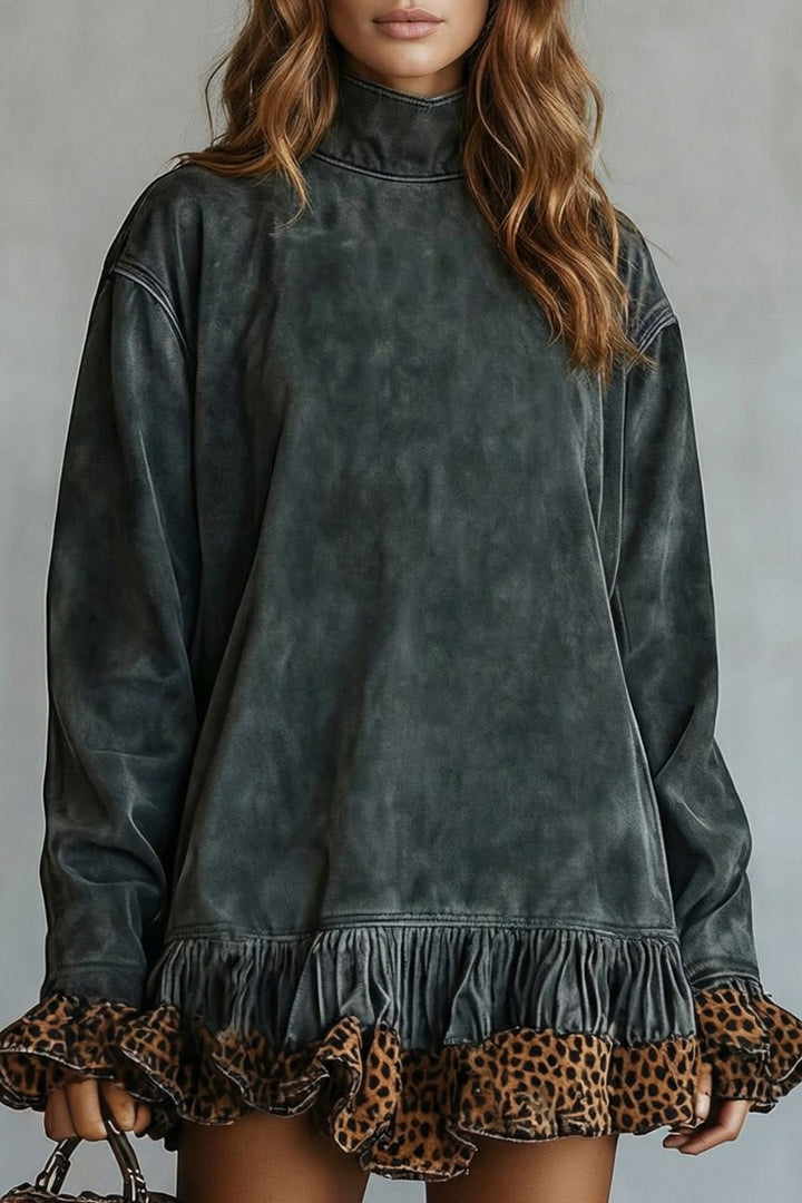 Selvatta – Leopard trim ruffle mini dress