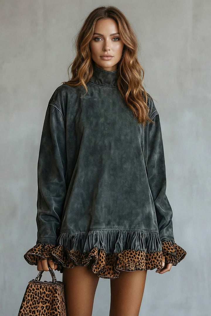 Selvatta – Leopard trim ruffle mini dress