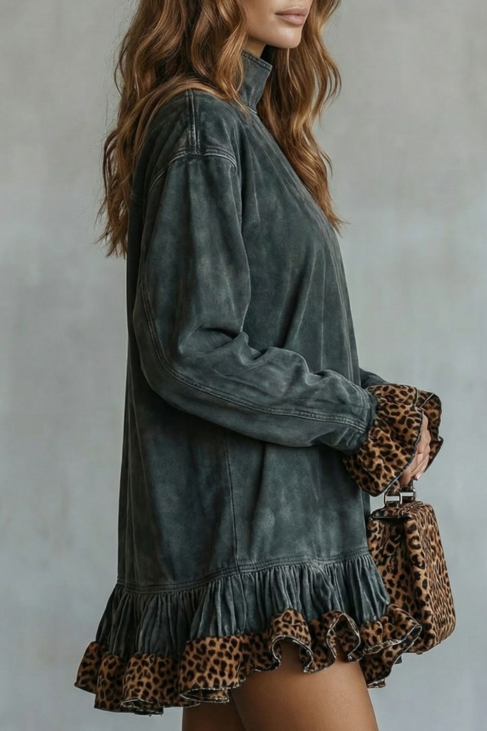 Selvatta – Leopard trim ruffle mini dress