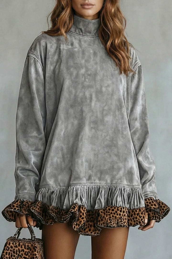 Selvatta – Leopard trim ruffle mini dress